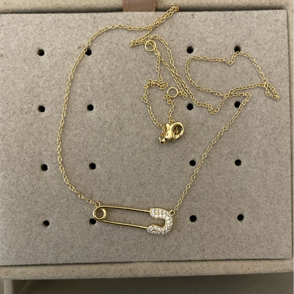 18k Gold Vermeil Safety Pin Necklace with sparkling stones accents - Picture 2 of 6